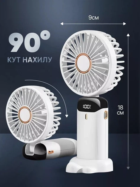 Портативный аккумуляторный минивентилятор с дисплеем N15W (USB, 5 скоростей), Белый - изображение 2