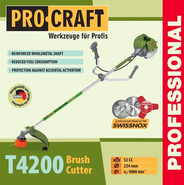 Бензиновая мотокоса ProCraft T4200 бензотриммер двухтактный мощностью 4.2 кВт с 3 ножами и катушкой бензокоса с ранцевым ремнем для скашивания травы и сорняков. - изображение 10