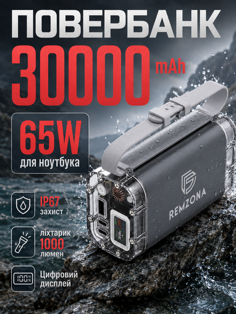 Повербанк для ноутбуку 30000 mah 65 W зі швидкою зарядкою PD Quick Charge 3.0 Fast Charge хороший УМБ Remzona Exover 30X USB-A 2 USB-C для телефона айфона роутера планшета макбука великий LED дисплей портативний потужний ліхтарик + кабель 100W - зображення 14