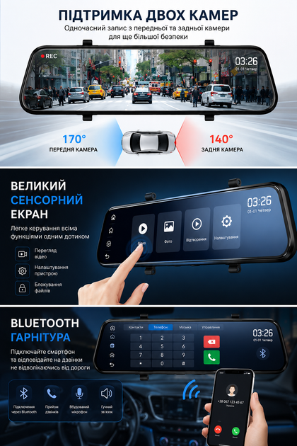 Зеркало-видеорегистратор автомобильное умное DVR Android 4G с камерой заднего вида дисплеем 9.66" Wi-Fi + Карта памяти 64 Гб - изображение 5