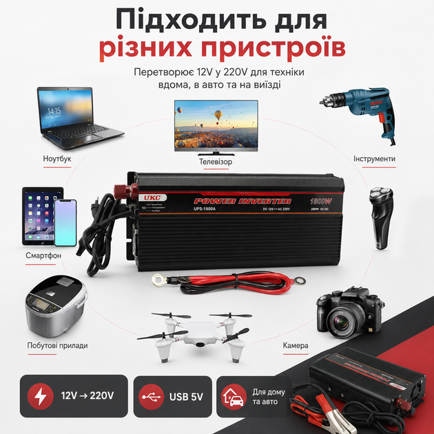 Інвертор автомобільний перетворювач напруги UKC 1800W-20A 12V-220V з функцією зарядки акумуляторів до 1800W - Фото 3 Інвертор автомобільний перетворювач напруги UKC 1800W-20A 12V-220V з функцією зарядки акумуляторів до 1800W - зображення 3