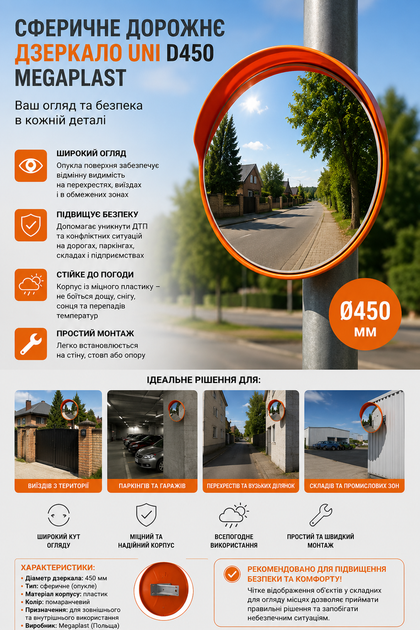 Сферическое дорожное зеркало Uni d450 мм Megaplast - Фото 2 Сферическое дорожное зеркало Uni d450 мм Megaplast - изображение 2