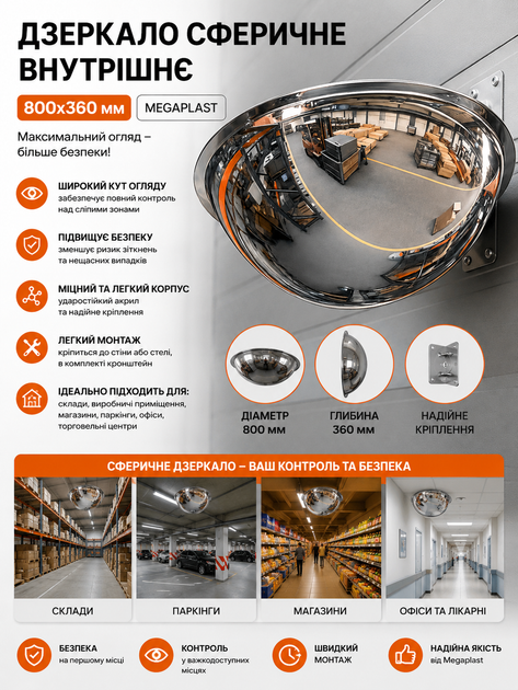Зеркало сферическое внутреннее 800x360 мм Megaplast - изображение 3