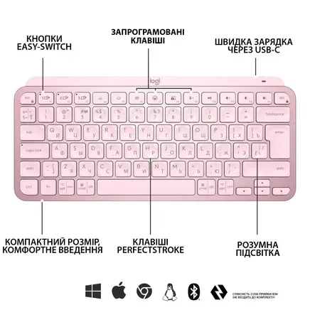 Клавіатура Logitech MX Keys Mini Rose (920-010500) - Фото 8 Клавіатура Logitech MX Keys Mini Rose (920-010500) - зображення 8