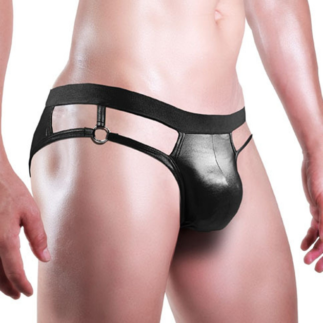 Чоловічі труси джокстрап з вирізом на ягодицях зі еко шкіри One Size (S-L) чорний - зображення 3