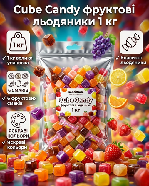 Леденцы CUBE CANDY 1 кг ассорти вкусов круги виноград апельсин лимон клубника белый персик - Фото 1 Леденцы CUBE CANDY 1 кг ассорти вкусов круги виноград апельсин лимон клубника белый персик - изображение 1