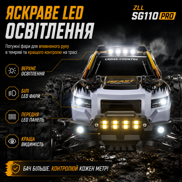 Радіокерована машинка ZLL SG110 PRO 1:10 4WD на пульті керування до 60 км/год, RC Monster Truck, позашляховик, масляні амортизатори, акумулятор - зображення 5