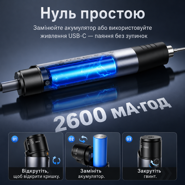 Паяльник аккумуляторный с регулировкой температуры и экраном HS-03 паяльный набор с аккумулятором 2600 мАч 3 жалами и футляром паяльники с питанием 5В от батареи и розетки - изображение 6