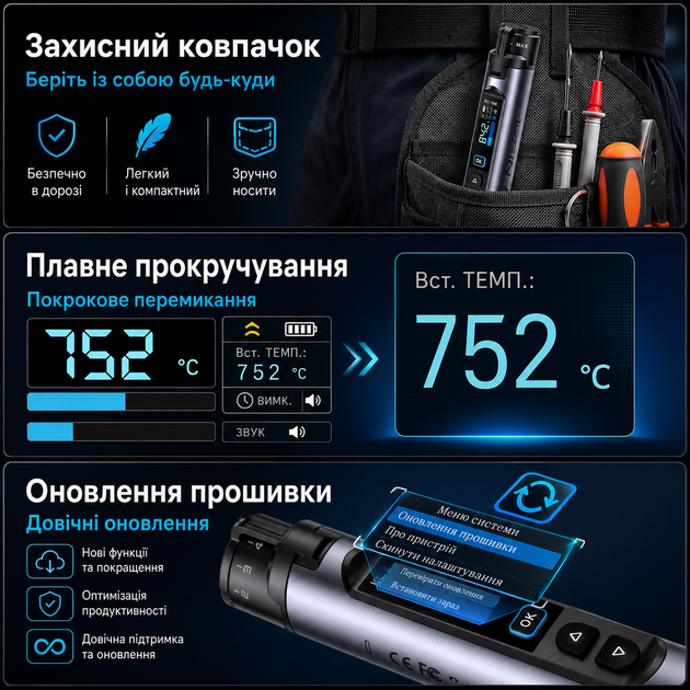 Паяльник аккумуляторный с регулировкой температуры и экраном HS-03 паяльный набор с аккумулятором 2600 мАч 3 жалами и футляром паяльники с питанием 5В от батареи и розетки - изображение 9