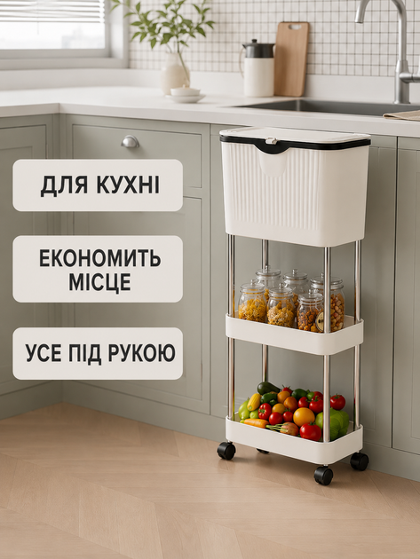 Кухонний візок з урною для сміття білий 78,5×29×20 см пластикова етажерка на колесах 3 яруси (49676048) - зображення 3