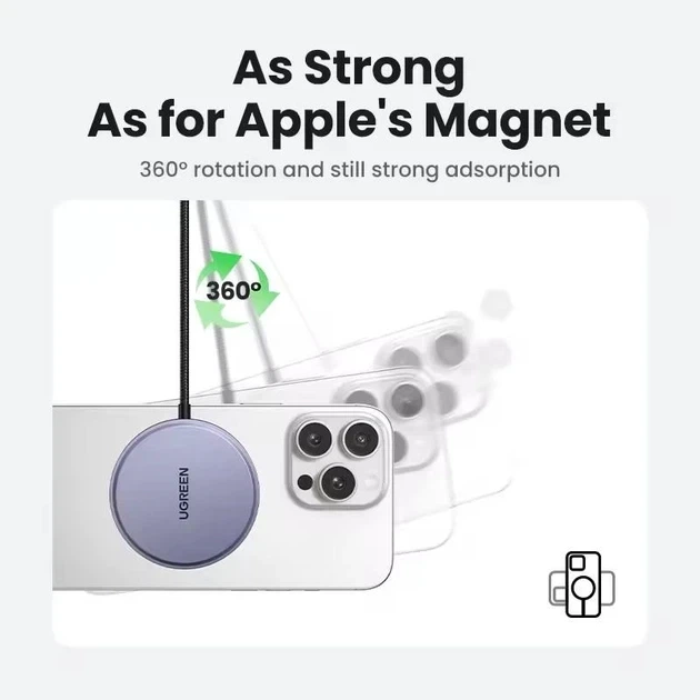 Бездротовий зарядний пристрій Ugreen Qi2 MagSafe 15W 1.5 м Grey (W703) - Фото 4 Бездротовий зарядний пристрій Ugreen Qi2 MagSafe 15W 1.5 м Grey (W703) - зображення 4
