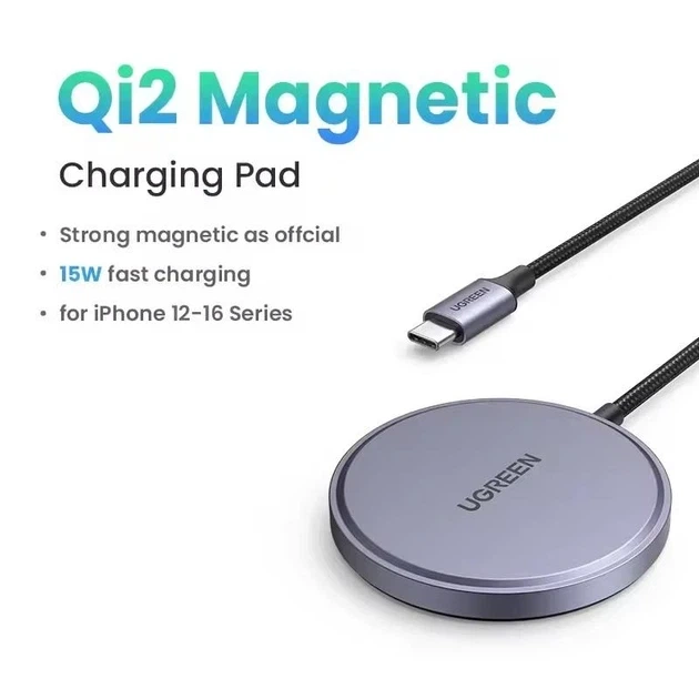 Бездротовий зарядний пристрій Ugreen Qi2 MagSafe 15W 1.5 м Grey (W703) - Фото 8 Бездротовий зарядний пристрій Ugreen Qi2 MagSafe 15W 1.5 м Grey (W703) - зображення 8