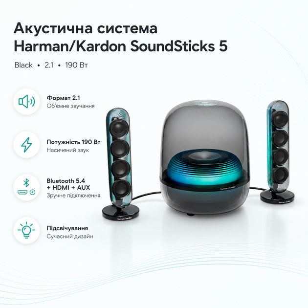 Беспроводная акустическая система Harman/Kardon SoundSticks 5 2.1 190 Вт Bluetooth 5.4 Black (HKSOUNDSTK5BEP) - изображение 2