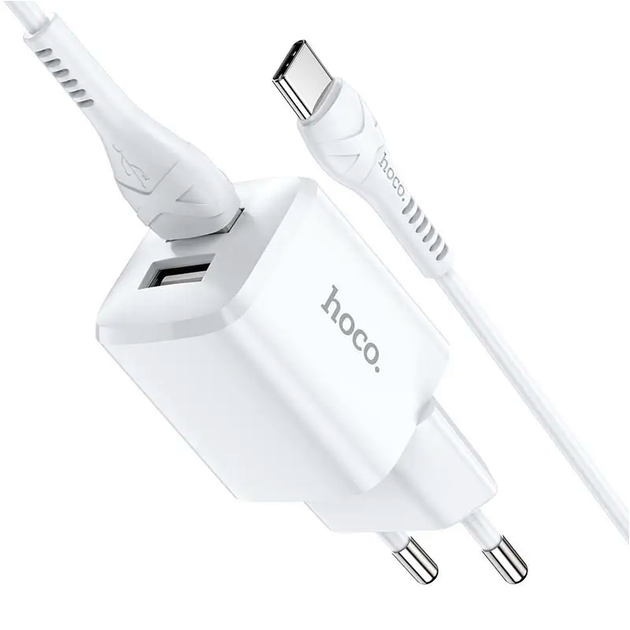 Сетевое зарядное устройство HOCO N8 2USB 2.4A с кабелем USB C 1м для смартфонов и гаджетов быстрая зарядка белое - Фото 2 Сетевое зарядное устройство HOCO N8 2USB 2.4A с кабелем USB C 1м для смартфонов и гаджетов быстрая зарядка белое - изображение 2