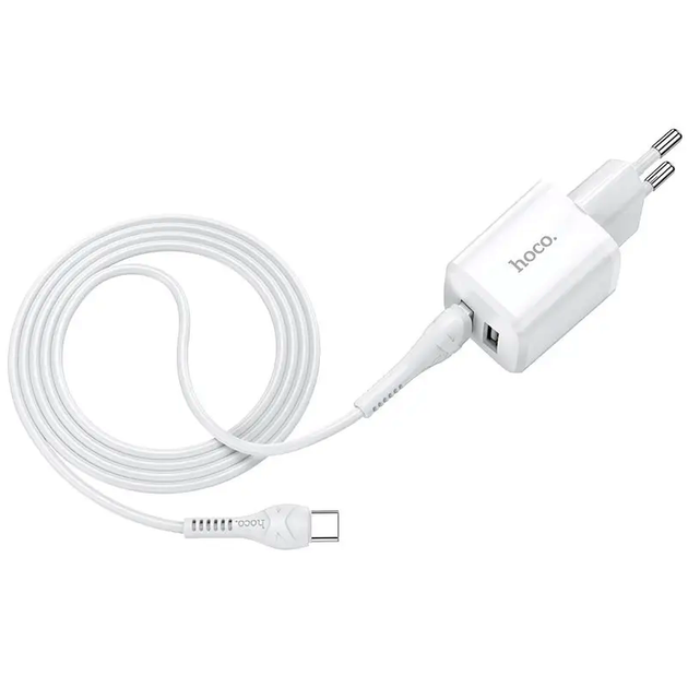 Сетевое зарядное устройство HOCO N8 2USB 2.4A с кабелем USB C 1м для смартфонов и гаджетов быстрая зарядка белое - Фото 3 Сетевое зарядное устройство HOCO N8 2USB 2.4A с кабелем USB C 1м для смартфонов и гаджетов быстрая зарядка белое - изображение 3