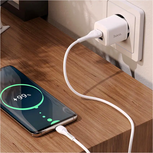Сетевое зарядное устройство HOCO N8 2USB 2.4A с кабелем USB C 1м для смартфонов и гаджетов быстрая зарядка белое - Фото 6 Сетевое зарядное устройство HOCO N8 2USB 2.4A с кабелем USB C 1м для смартфонов и гаджетов быстрая зарядка белое - изображение 6