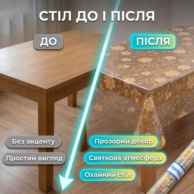 Скатерть HomeStar T09 1,35х30м пвх водонепроницаемая клеенка для кухонного стола рулон с цветочным узором - изображение 6