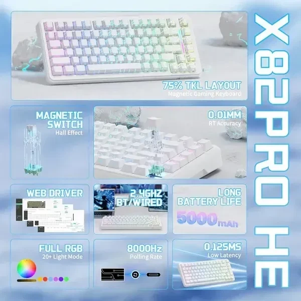Бездротова магнітна клавіатура ATTACK SHARK X82 PRO HE White Contour (2.4G/Bluetooth/USB type-c) Rapid Trigger, 8000 Гц, RGB - зображення 4