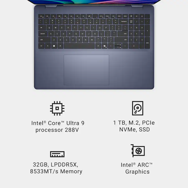 Ноутбук Dell 16 Plus 16" Mini-LED 2560x1600 90 Гц / Intel Core Ultra 9 288V / Intel Arc 140V / RAM 32 ГБ / LPDDR5x / SSD 1 ТБ / Windows 11 Home / 2.05 кг (LDB06250-9182BLU-PUS) - зображення 9