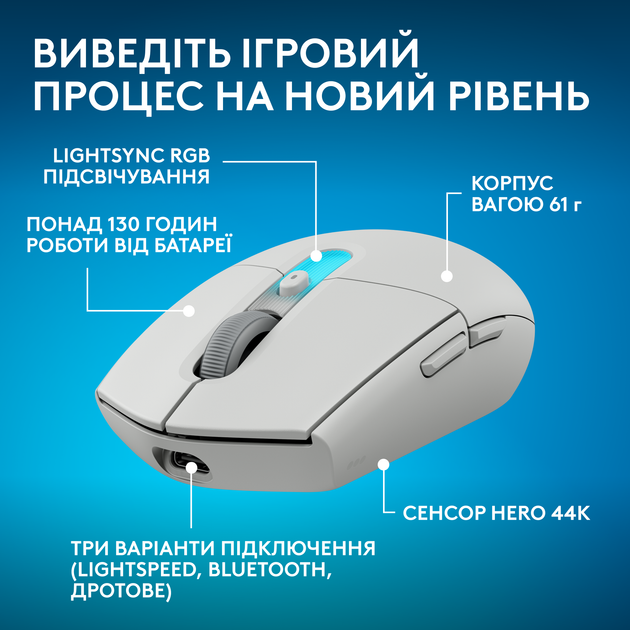 Миша Logitech G305 X Superlight RGB Wireless/Bluetooth/USB White (910-007747) - Фото 2 Миша Logitech G305 X Superlight RGB Wireless/Bluetooth/USB White (910-007747) - зображення 2