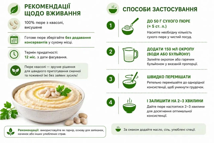 Пюре з квасолі сухе (швидкого приготування), 400 г - Фото 2 Пюре з квасолі сухе (швидкого приготування), 400 г - зображення 2