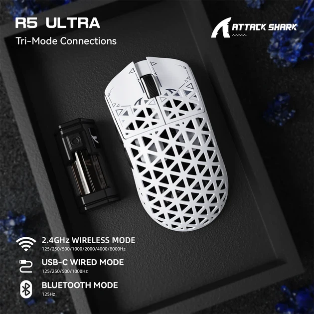 Игровая беспроводная мышка ATTACK SHARK R5 Ultra White (PAW3950MAX, 8000 Гц, 39 г, 2.4G/Bluetooth/USB-C) - Фото 2 Игровая беспроводная мышка ATTACK SHARK R5 Ultra White (PAW3950MAX, 8000 Гц, 39 г, 2.4G/Bluetooth/USB-C) - изображение 2