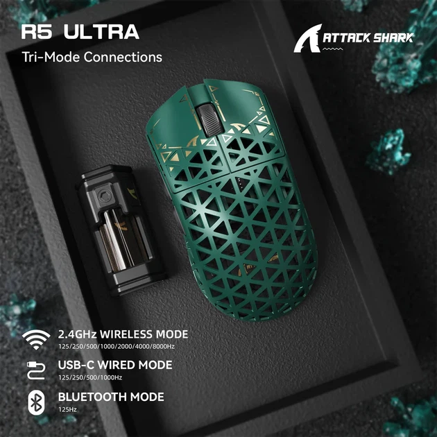 Игровая мышь ATTACK SHARK R5 Ultra Green (PAW3950MAX, 8000 Гц, 39 г, 2.4G/Bluetooth/USB-C) - Фото 2 Игровая мышь ATTACK SHARK R5 Ultra Green (PAW3950MAX, 8000 Гц, 39 г, 2.4G/Bluetooth/USB-C) - изображение 2