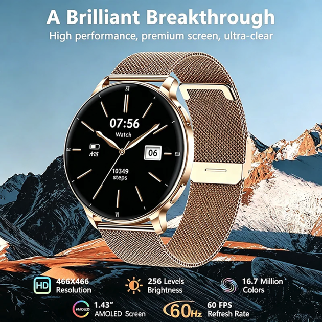 Смарт годинник жіночий Lemfo HT39 Gold (розмова, тонометр, пульсоксиметр, ліхтарик) 2 ремінці AMOLED екран - зображення 2