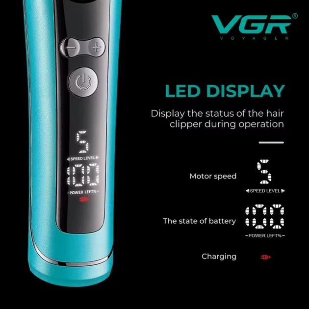 Триммер аккумуляторный VGR V-299, 4 насадки, 9000RPM, 2000 mAh, 5 уровней скорости, LED дисплей Синий - изображение 2