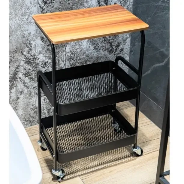 Етажерка на колесах 3 яруси 43×30×77 см чорна M50287-BL, металева тележка-органайзер з полицями та стільницею під дерево - изображение 11
