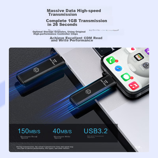 Оригінальний флеш-накопичувач JD Dual-Head USB 3.2 USB-A/C високошвидкісний, 256 ГБ, швидкість читання до 150 МБ/с, компактний портативний металевий USB-накопичувач для телефонів та планшетів IPhone15 - зображення 6