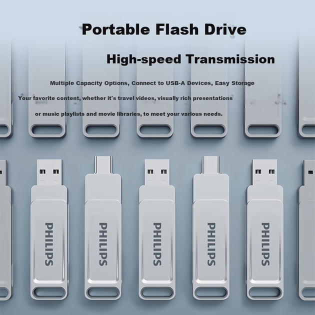 Флеш-накопичувач PHILIPS 256 ГБ Type-C USB 3.2 з двома інтерфейсами для телефону, 61UT-F сріблястого кольору, високошвидкісний USB-накопичувач подвійного призначення з двома головками, сумісний з Android, Apple та ноутбуками - изображение 8