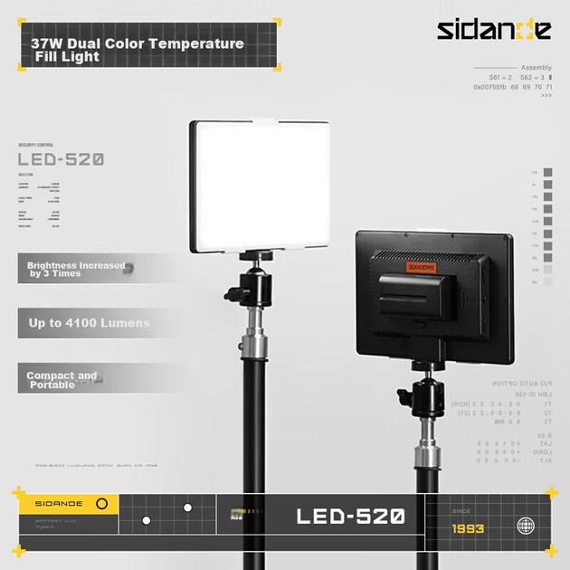 Sidande LED 520 Заповнююче світло, ручне заповнююче світло для фотографії, портативне світлодіодне панельне освітлення для камер, 37 Вт з регулюванням двокольорової температури, зйомка DSLR, фотографія їжі в ресторані, портретне освітлення - изображение 12