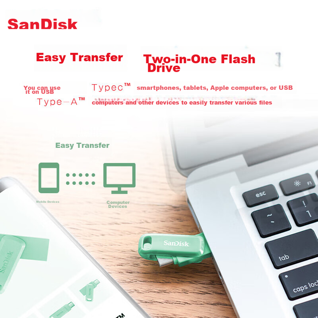 Мобільний флеш-накопичувач SanDisk 512 ГБ Type-C USB 3.2 DDC3 зеленого кольору, швидкість читання до 400 МБ/с, автоматичне резервне копіювання, подвійне використання для телефону та комп'ютера, велика ємність з двома інтерфейсами - зображення 6