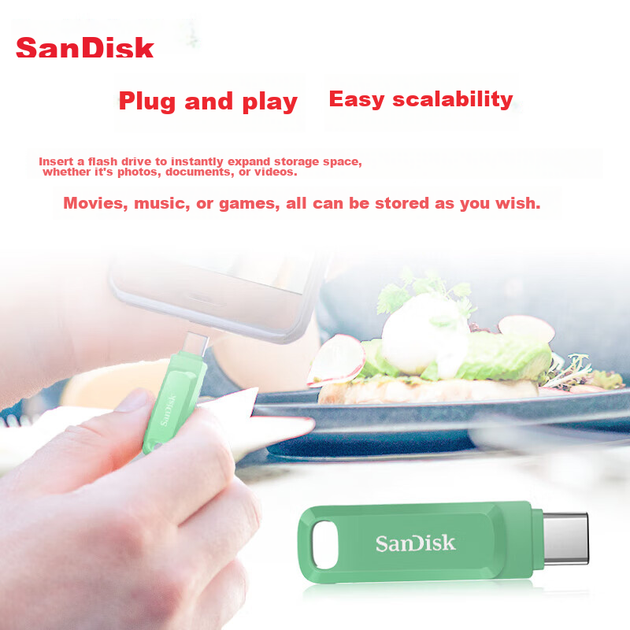 Мобільний флеш-накопичувач SanDisk 512 ГБ Type-C USB 3.2 DDC3 зеленого кольору, швидкість читання до 400 МБ/с, автоматичне резервне копіювання, подвійне використання для телефону та комп'ютера, велика ємність з двома інтерфейсами - зображення 7