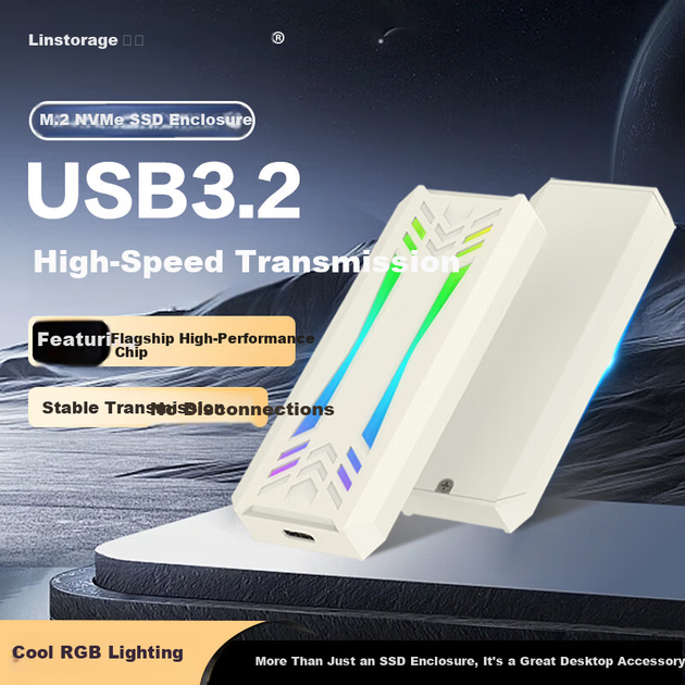 Корпус для SSD-накопичувача LINSTORAGE M.2 NVMe Type-C 3.2, портативний, з алюмінієвого сплаву, з RGB-підсвічуванням та системою охолодження, для ноутбука та мобільного телефону. - Фото 4 Корпус для SSD-накопичувача LINSTORAGE M.2 NVMe Type-C 3.2, портативний, з алюмінієвого сплаву, з RGB-підсвічуванням та системою охолодження, для ноутбука та мобільного телефону. - зображення 4