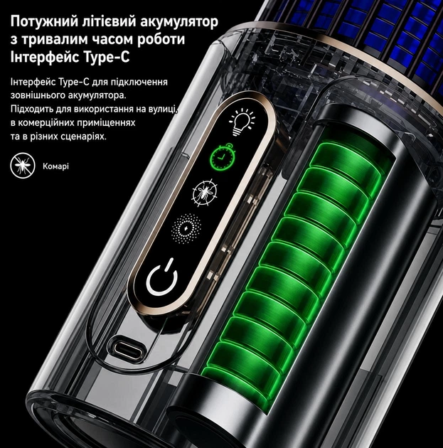 ампа-ловушка для комаров 2 в 1 с ночником, аккумуляторная USB Type-C, уничтожитель насекомых с таймером и защитой 360° - изображение 8