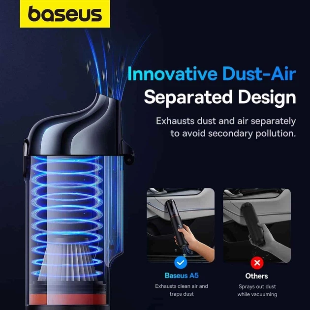 Портативний акумуляторний пилосос Baseus A5 Car Vacuum Cleaner 130W 16000Pa 7500mAh чорний (C30459500111-00) - изображение 11
