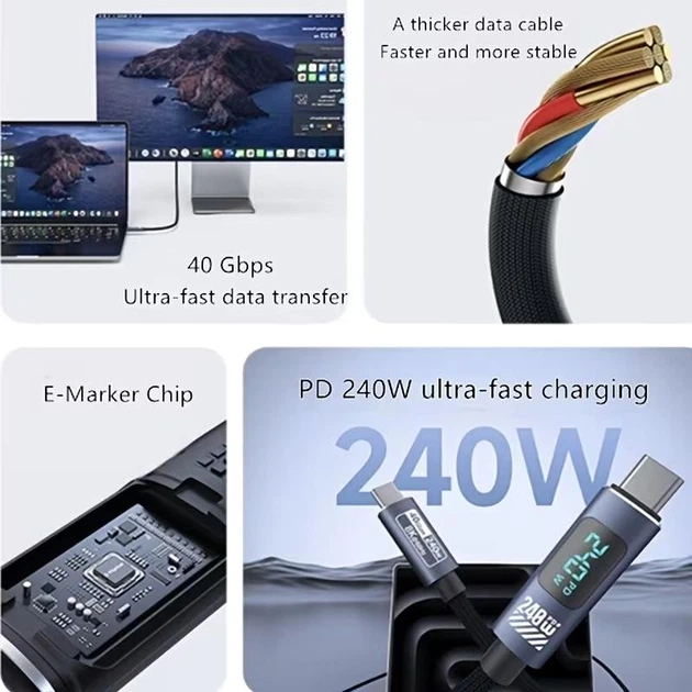 Кабель USB-C 4.0 240W Thunderbolt 4 (40 Гбіт/с) 8k 60hz для MacBook Pro|Air|M1|M2|M3|M4 LED - изображение 3