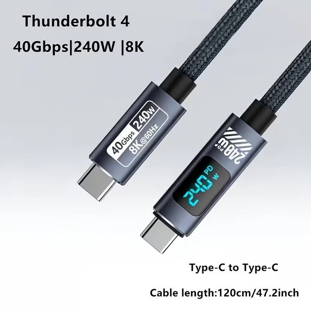 Кабель USB-C 4.0 240W Thunderbolt 4 (40 Гбіт/с) 8k 60hz для MacBook Pro|Air|M1|M2|M3|M4 LED - изображение 4
