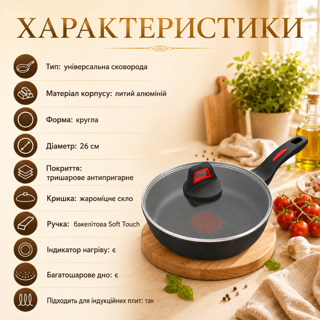 Сковорода Benson 26 см со стеклянной крышкой и трехслойным антипригарным покрытием - изображение 5