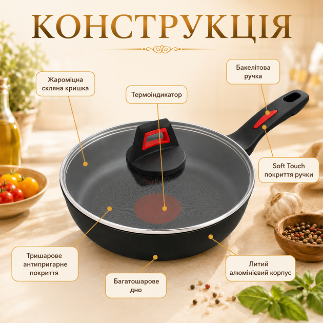 Сковорода Benson 26 см со стеклянной крышкой и трехслойным антипригарным покрытием - изображение 8