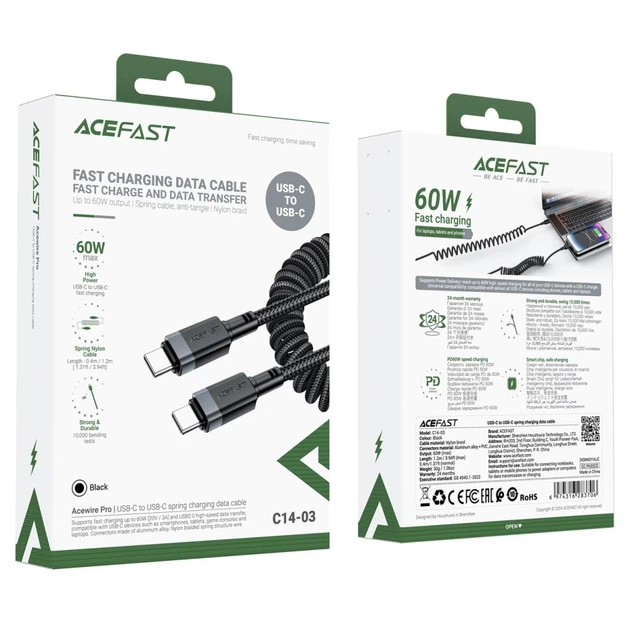 Кабель Acefast C14-03 USB-C - USB-C пружинный 480Mb/s 3A 1.2m Black (6974316283706) - Фото 5 Кабель Acefast C14-03 USB-C - USB-C пружинный 480Mb/s 3A 1.2m Black (6974316283706) - изображение 5