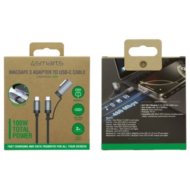 Kabel USB-C 4smarts Explorer ComboCord 100 W 2 m z adapterem MagSafe Black (4252011910236) - obraz 3