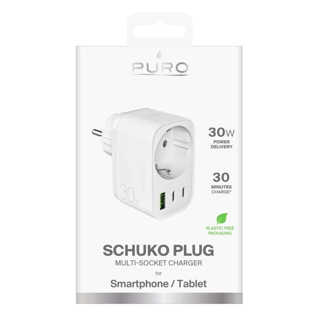 Зарядний пристрій Puro 30W Power Delivery з вилкою і розеткою Schuko 2x USB-C + 1x USB-A White (8018417500282) - зображення 2