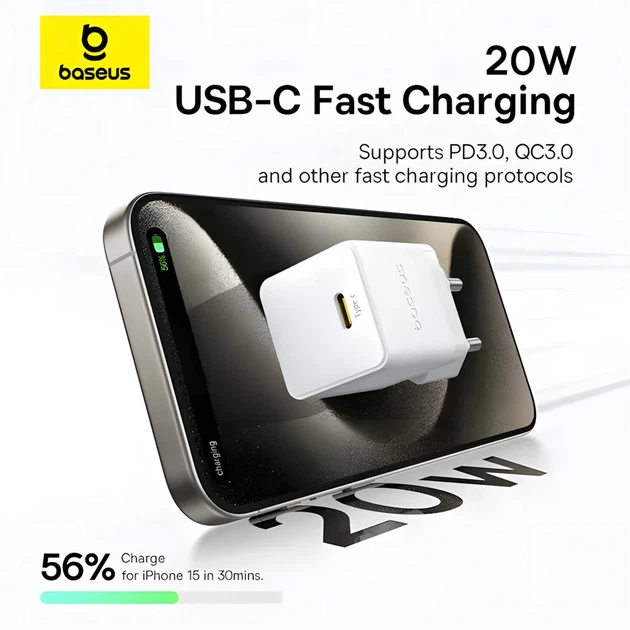 Сетевое зарядное устройство Baseus Palm PD/FC 20W USB-C with USB-C to USB-C Cable 1 m White (P10111602213-01) - изображение 7