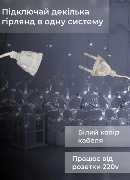 Гірлянда штора світлодіодна 145 LED 3х0,9 м біла для прикрашання приміщень з 10 фігурками сніжинок і зірок - зображення 3