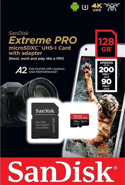 Карта пам'яті microSDXC (UHS-1 U3) SanDisk Extreme Pro A2 128Gb class 10 V30 (R200MB/s,W90MB/s) (adapter) - Фото 2 Карта пам'яті microSDXC (UHS-1 U3) SanDisk Extreme Pro A2 128Gb class 10 V30 (R200MB/s,W90MB/s) (adapter) - зображення 2