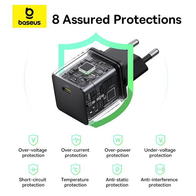 Зарядное устройство Baseus Palm Fast Charger 30W + кабель Type-C 1m Black сетевой адаптер быстрой зарядки (P10111605113-01) - Фото 8 Зарядное устройство Baseus Palm Fast Charger 30W + кабель Type-C 1m Black сетевой адаптер быстрой зарядки (P10111605113-01) - изображение 8
