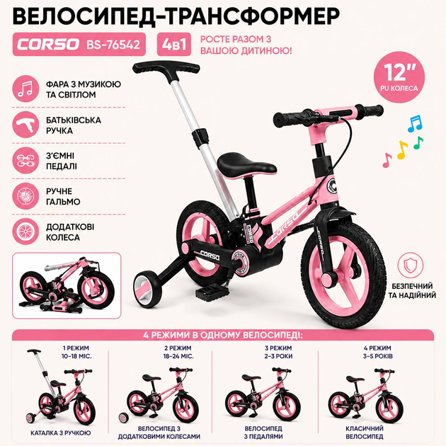 Велосипед-трансформер дитячий, Велобіг, фара з музикою та світлом, батьківська ручка, з’ємні педалі, ручне гальмо Рожевий BS-91403 - Фото 1 Велосипед-трансформер дитячий, Велобіг, фара з музикою та світлом, батьківська ручка, з’ємні педалі, ручне гальмо Рожевий BS-91403 - зображення 1